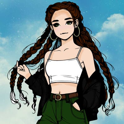 realistic teenage girl in braids with a crop top and cargo jeans