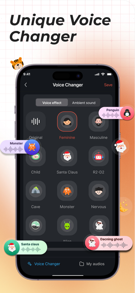 Interfaz de la aplicación Reverse Singing Fun Challenge mostrando múltiples filtros de voz, incluidos los efectos de Papá Noel, monstruo y alienígena
