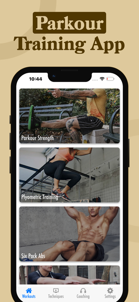 Parkour Trainings & workouts - Interface of the Parkour Training App displaying workout categories for strength, plyometric training, and abs.