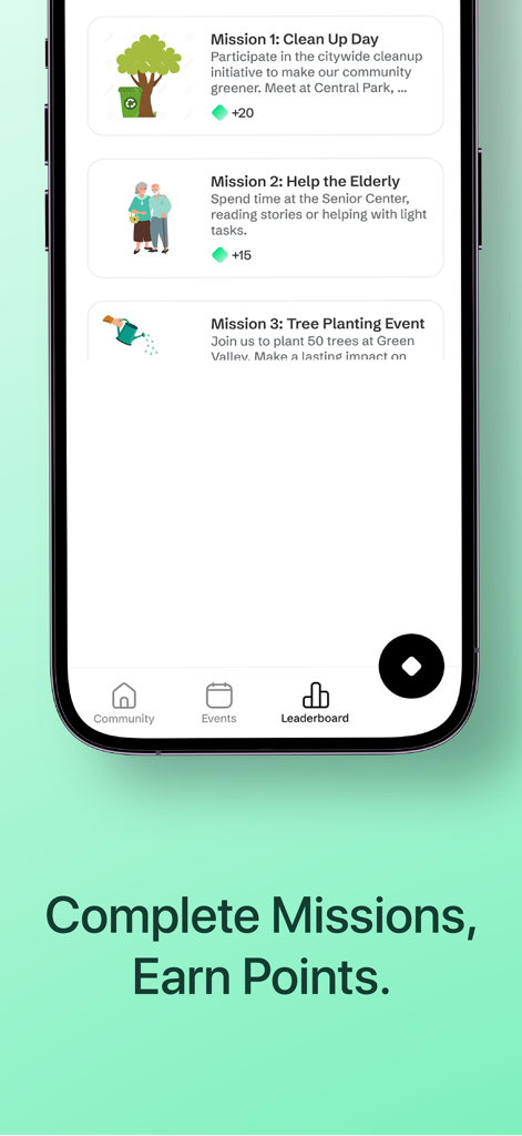 Mobile app screen displaying social impact missions with point rewards for community projects.