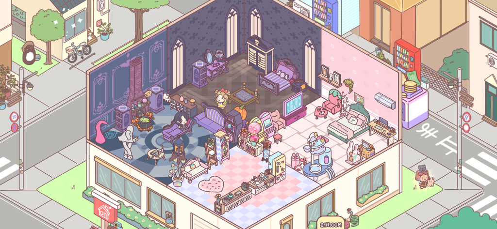 Pocket Love! - Visão isométrica de uma casa de vários cômodos com design de interiores gótico e rosa em Pocket Love.