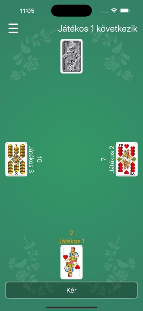 Magyar Kártyás Játékok - Gameplay of a traditional Hungarian card game showing the 32-card Tell deck on a green table interface.