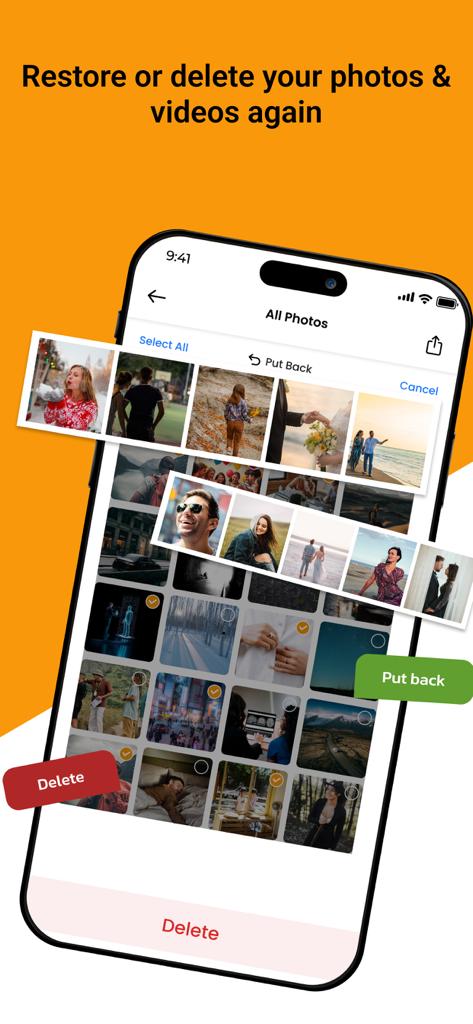 Secrete Calculator Lock Vault - Screen showing how to restore or delete photos and videos in the secret vault app