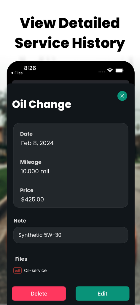 Car Maintenance: ServiceLog - Detail view of a car oil change service entry in the ServiceLog app showing date mileage price and notes