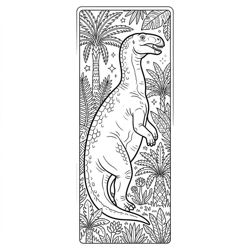 Discover the majestic Euhelopus dinosaur with this unique bookmark coloring page, set amidst lush prehistoric flora. It's the perfect creative break for dinosaur lovers and a fantastic way to personalize your reading.