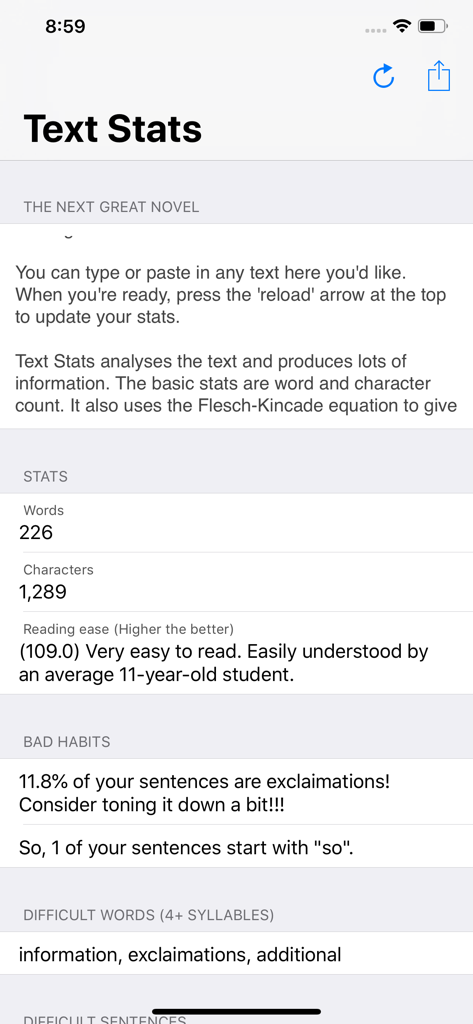 Text Stats App-Oberfläche zeigt Wortanzahl, Lesbarkeitsbewertung und Feedback zum Schreibstil an.