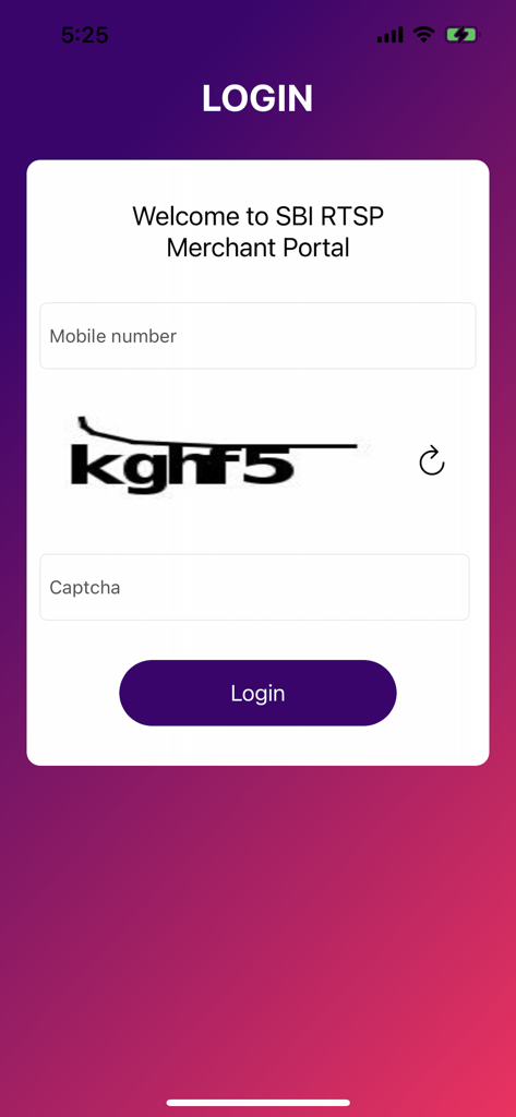 Login screen for the SBI Merchant eRupee app featuring mobile number and captcha input fields