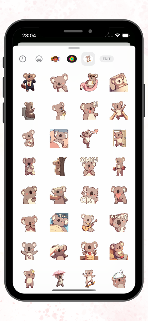 Grid of cute koala stickers in various daily life scenes for iMessage.