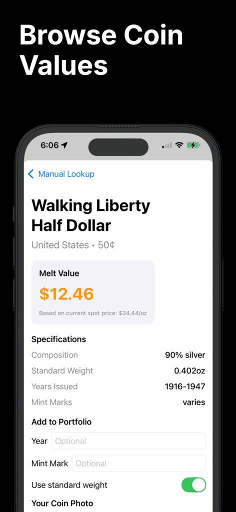 Coin Value Identifier - Schermata di informazioni dettagliate sulla moneta che mostra il valore di fusione e le specifiche