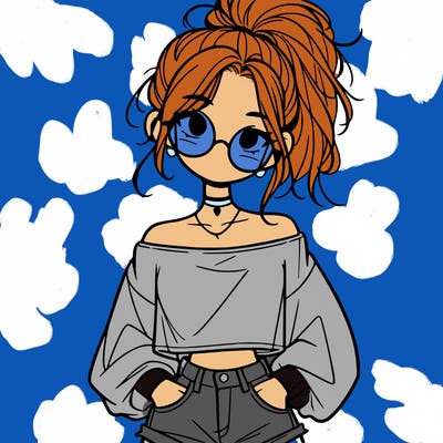 girl with a messy ponytail glasses a baggy crop top and jean shorts