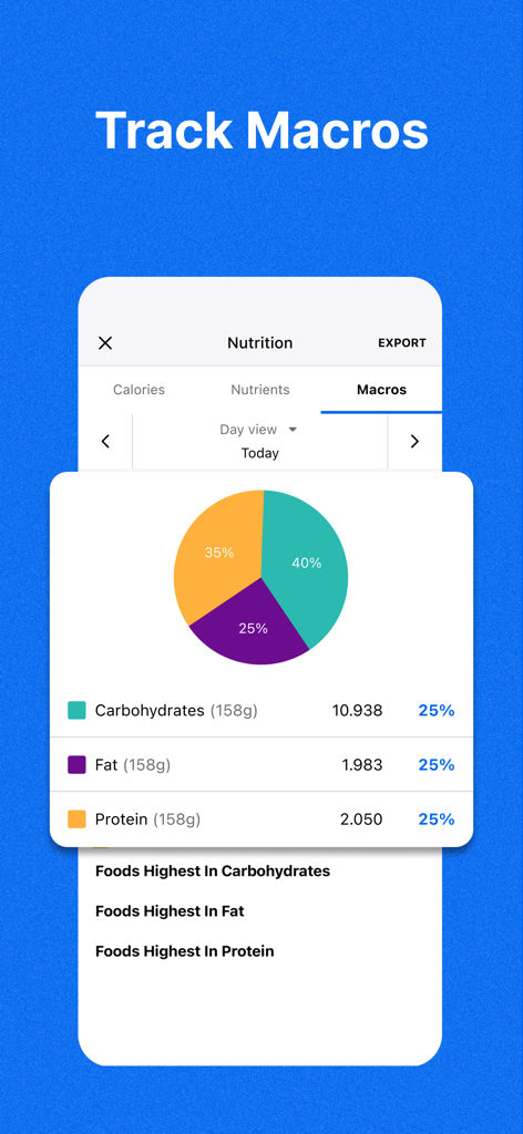 MyFitnessPal app interface for tracking macros with a daily nutrition pie chart
