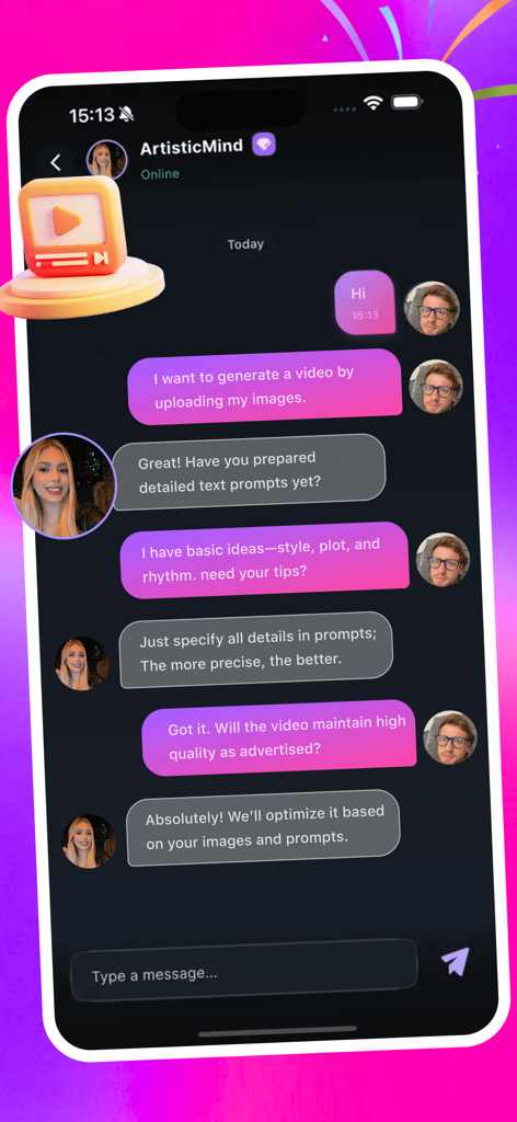 Zeno - motion - Screenshot of Zeno motion app showing a chat conversation about generating AI videos with text prompts