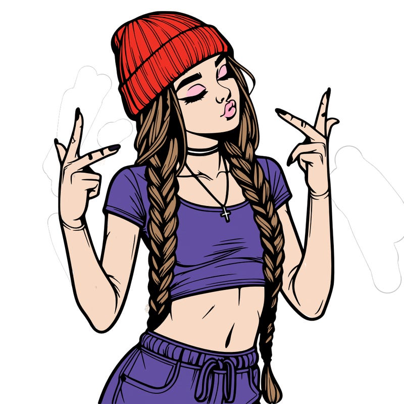 realistic teenage girl with braids and a beanie and crop top doing 🫶🏼