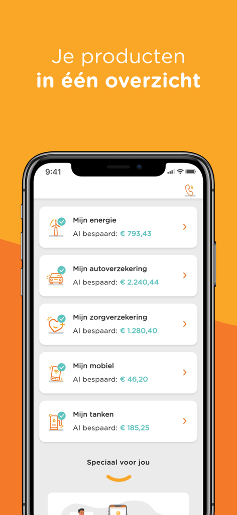 UnitedConsumers app dashboard displaying a summary of savings across energy car insurance health insurance mobile and fuel services