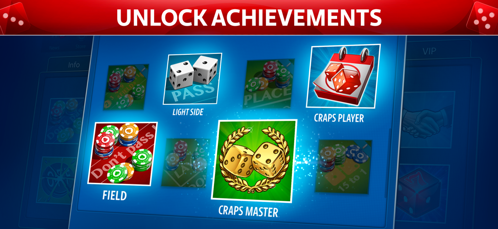 Vegas Craps by Pokerist - A tela de desbloqueio de conquistas em Vegas Craps by Pokerist, apresentando vários distintivos como Mestre de Craps e Jogador de Craps.