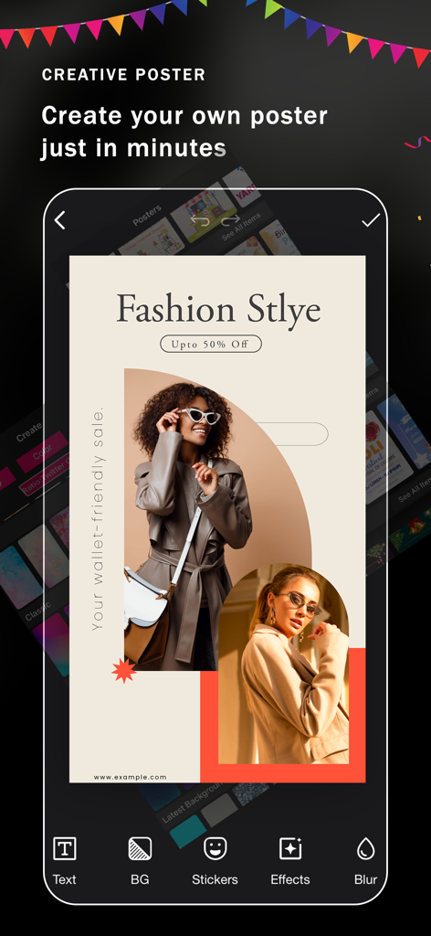 Birthday Video Maker Songs - Interfaz de aplicación móvil que muestra una herramienta de diseño de póster creativo con plantilla temática de moda