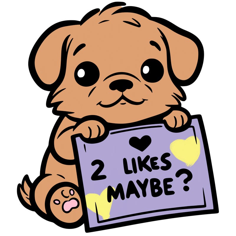 a puppy holding a sign that says 2 likes maybe?