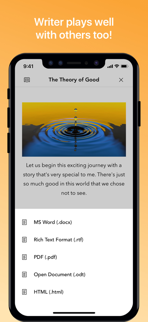 Zoho Writer - Document Editor - Zoho Writer app interface showing document export options for MS Word PDF RTF and HTML formats