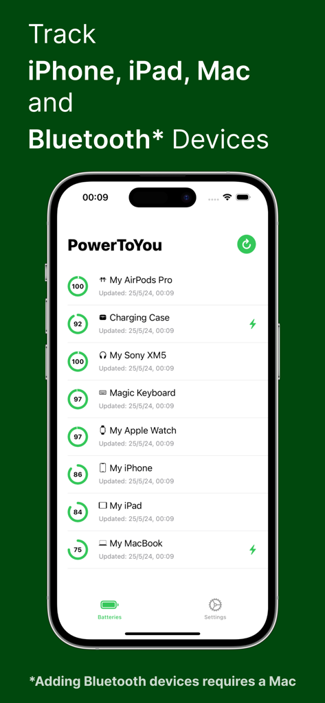 Battery Widget: PowerToYou - PowerToYou dashboard displaying battery levels of various Apple and Bluetooth devices