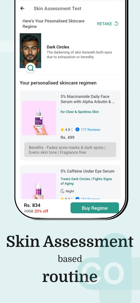 The Derma Co - The Derma Co app showing a personalized skincare regimen based on a skin assessment test result