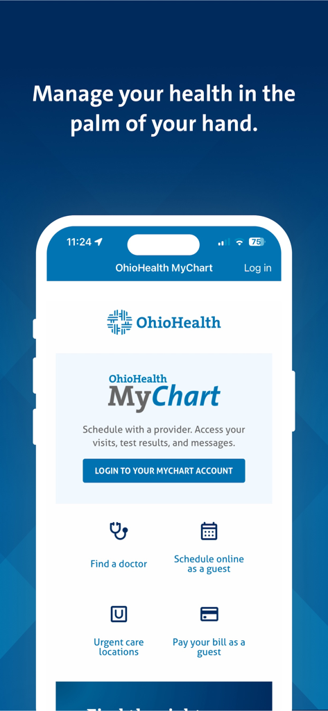 OhioHealth MyChart app home screen with options to find a doctor and schedule appointments
