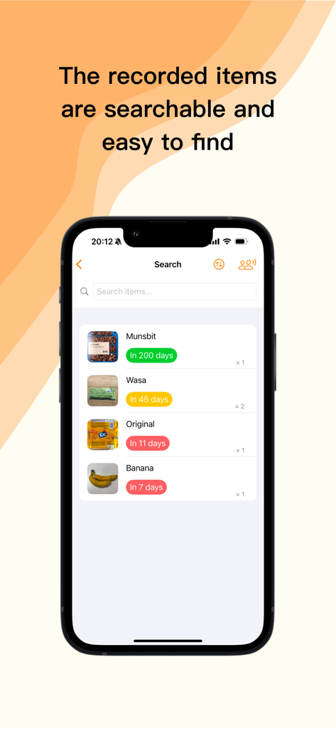 Bestfor - expiry date tracker - Bestfor app search screen showing tracked food items with color coded expiry dates