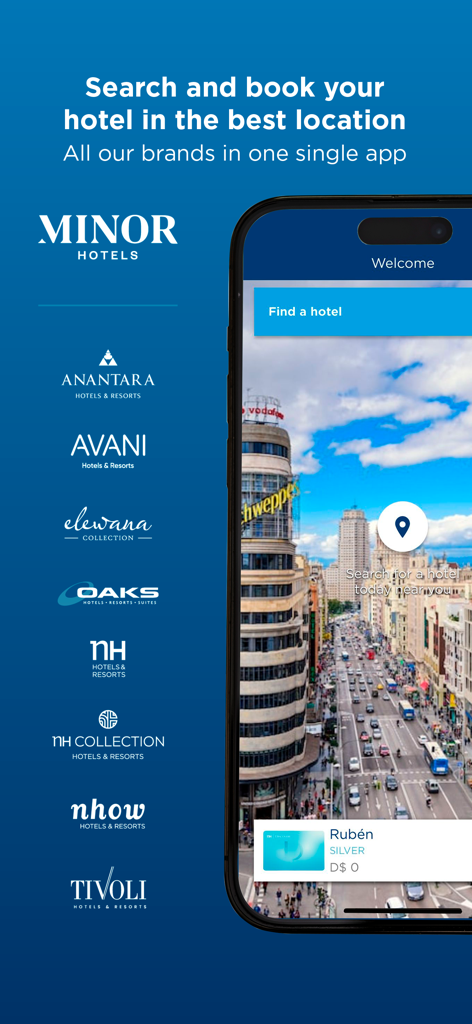 NH Hotel Group mobile app showing Minor Hotels brands and a city search interface