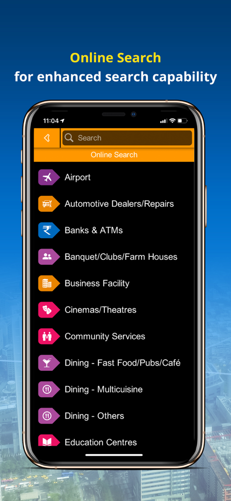 NaviMaps: 3D GPS Navigation - NaviMaps app interface showing online search categories for points of interest like airports and dining.