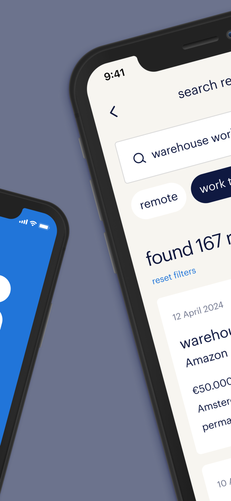 my Randstad - Smartphone showing job listings for warehouse work in the my Randstad app