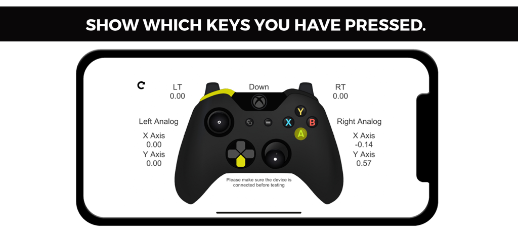 X Gamepad Testerアプリインターフェース。ハイライトされたボタンプレスとアナログスティックデータを持つ視覚的なXboxコントローラーを表示。