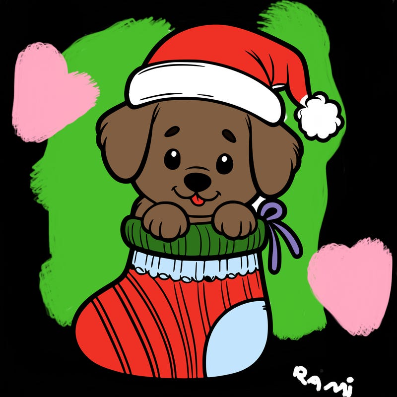 cute puppy wearing santa hat in socking