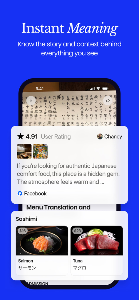 Chance AI - Visual Search - Chance AI visual search app screenshot showing Japanese menu translation and restaurant review with food images