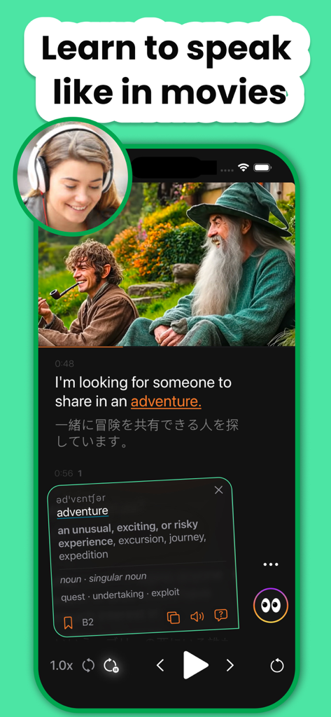 Language Reactor - PlayLingo - PlayLingo app showing a movie scene with bilingual subtitles and an interactive word definition popup for language learning