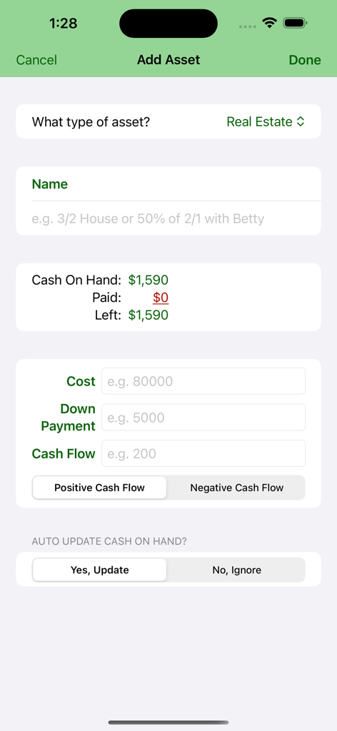 Cashflow Balance Sheet - Interface of Cashflow Balance Sheet app for adding a new real estate asset entry