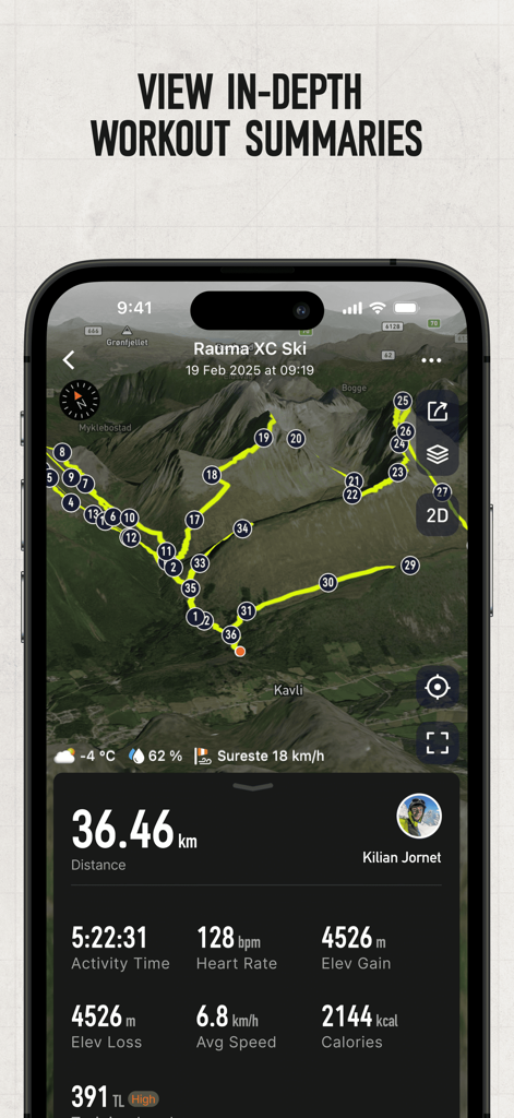 Interface de l'application COROS affichant un résumé détaillé d'entraînement avec une carte GPS et des données de performance.