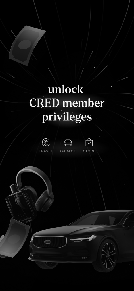 Interfaz de la aplicación CRED que destaca los privilegios exclusivos para miembros para recompensas de viajes, compras y automotrices.