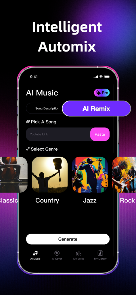 AI Remix: AI DJ&Song Generator - AI Remix app interface showing genre selection and intelligent automix features for song generation
