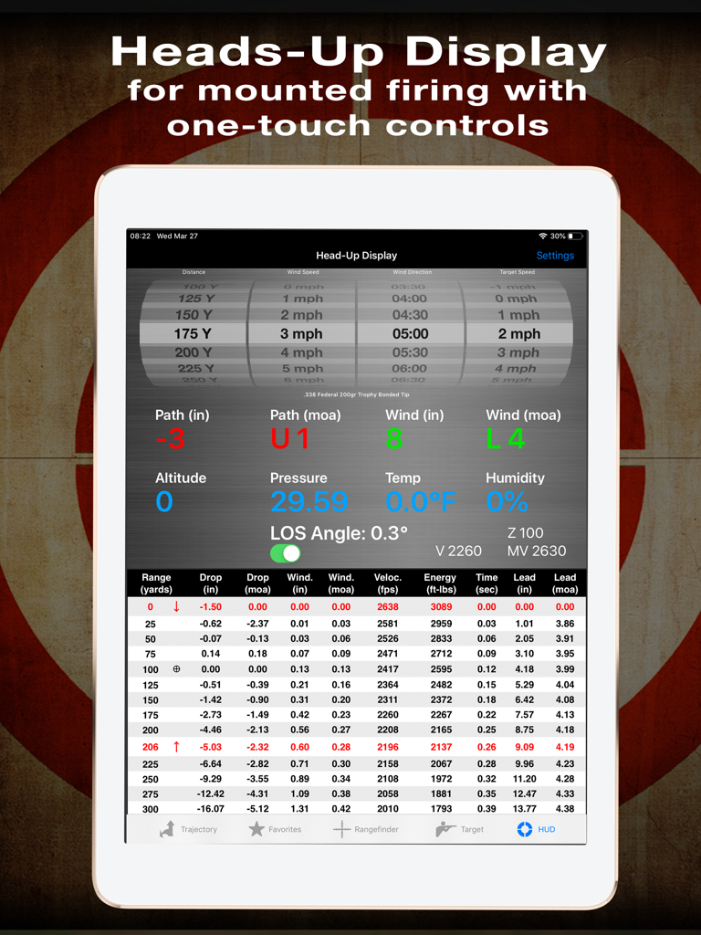 Heads-Up Display interface of the Ballistic app on an iPad showing precision shooting data and atmospheric conditions