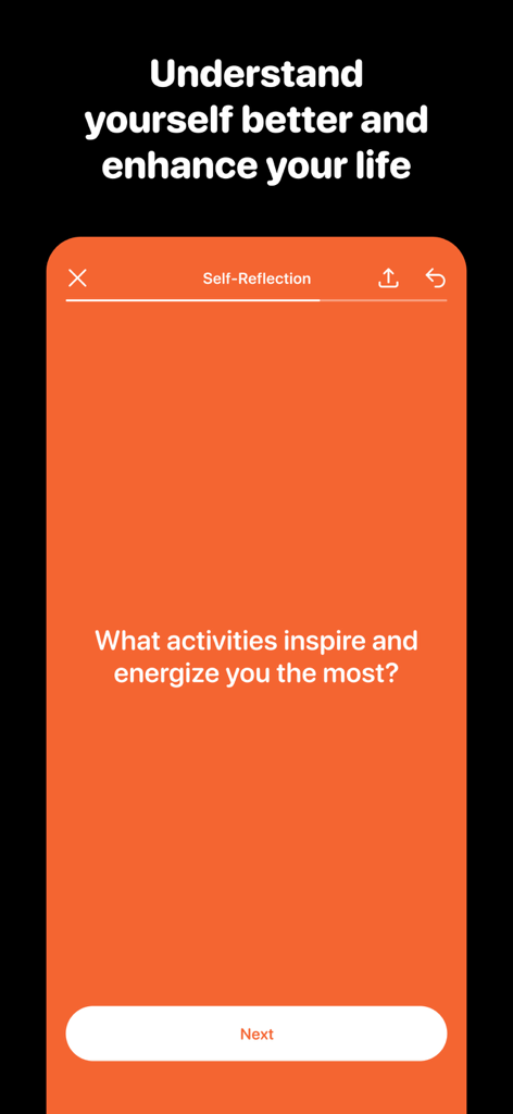 HH Talk - Deep Conversations - HH Talk app interface displaying a self-reflection question about personal inspiration on an orange background.