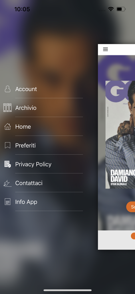 Menu di navigazione laterale dell'app GQ Italia Magazine che mostra account e archivio