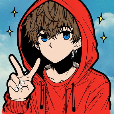 teenage manga boy in a hoodie, doing ✌