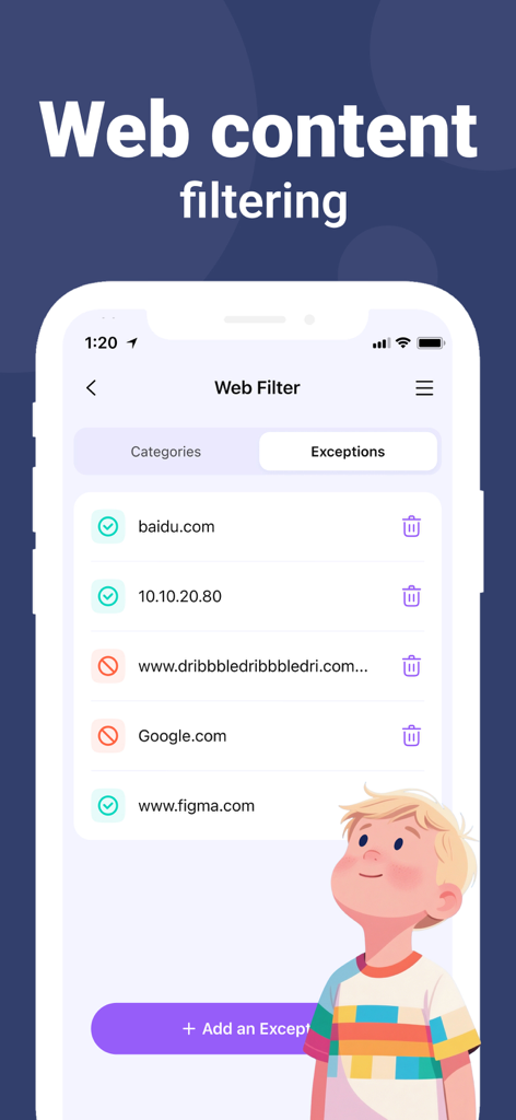 Aplicación de control parental FamiSafe que muestra la interfaz del filtro web con excepciones de sitios web permitidos y bloqueados