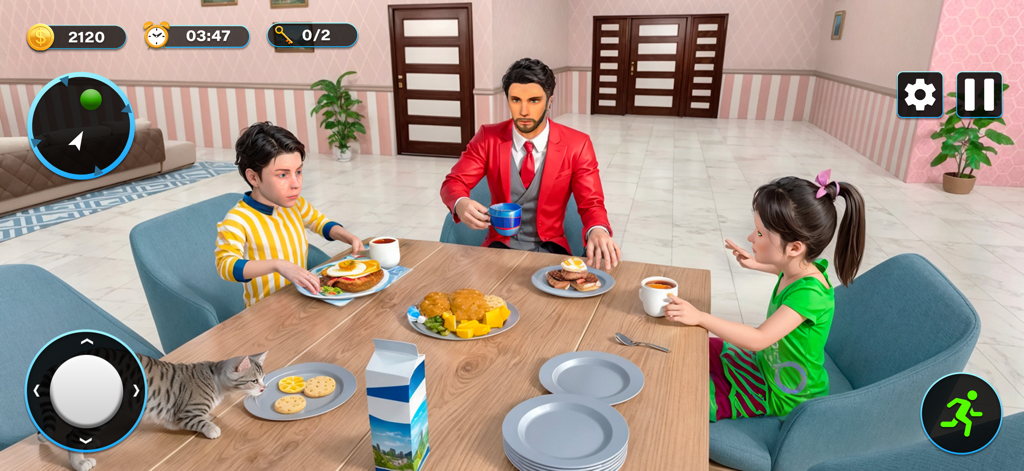 Single Dad Games Happy Family - A single dad and his two children sitting at a dining table for breakfast in the virtual family game.
