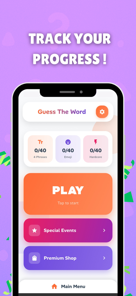 Pantalla del menú principal del juego Adivina la Palabra que muestra el progreso de nivel para varios modos