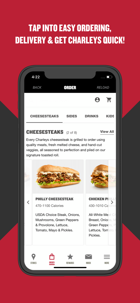 Charleys Rewards app menu screen displaying Philly cheesesteak ordering options