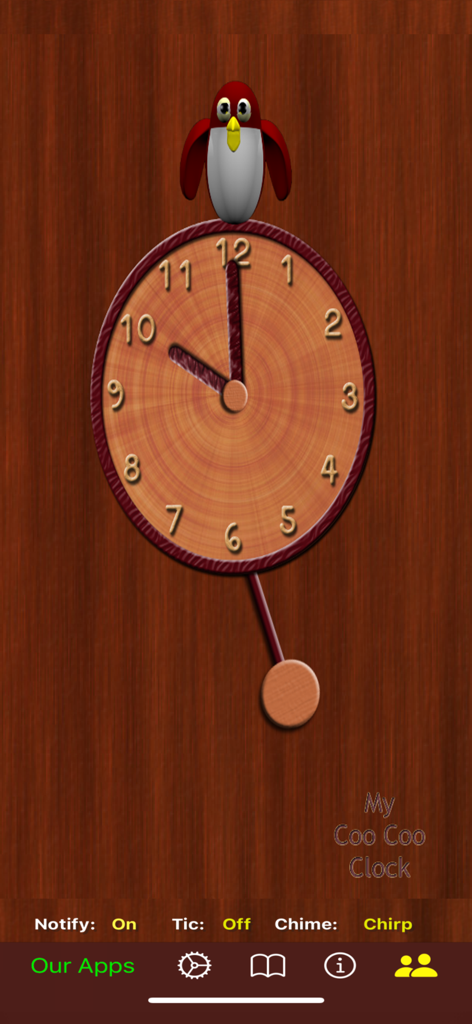 Interface of My Coo Coo Clock app showing a wooden clock face with a swinging pendulum and a cartoon bird character on top.