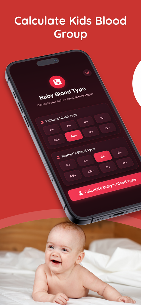 Tela de smartphone mostrando a interface do aplicativo Calculadora de Tipo Sanguíneo do Bebê com seleção do tipo sanguíneo dos pais