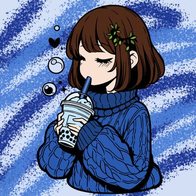 manga girl drinking boba in cozy sweater