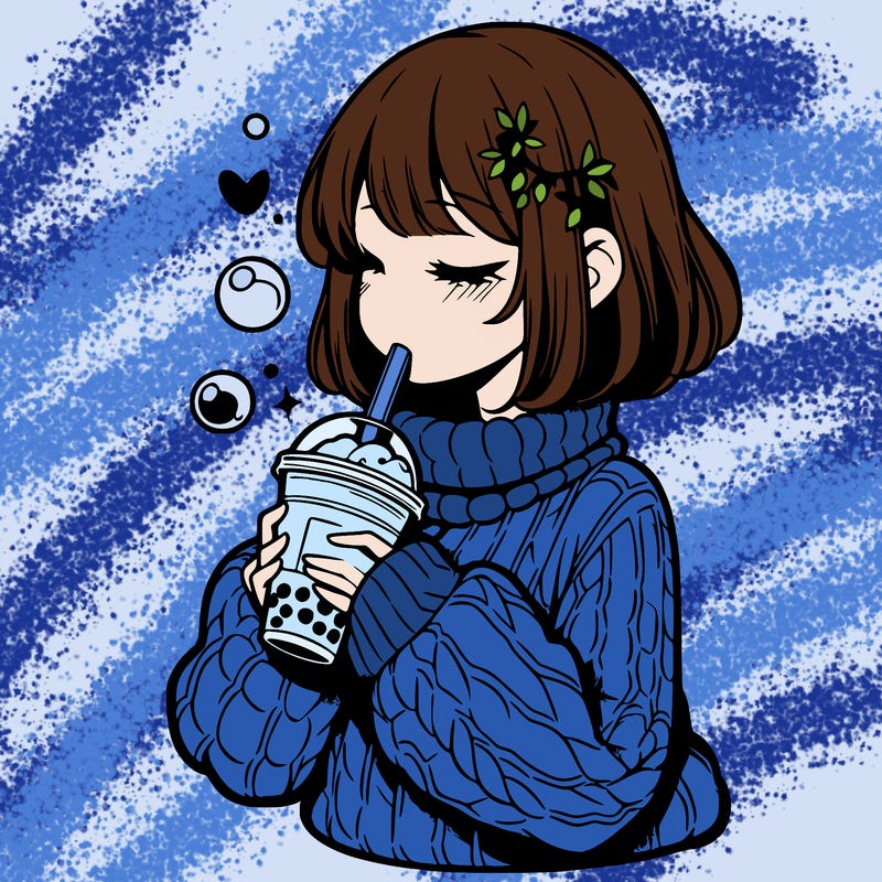 manga girl drinking boba in cozy sweater