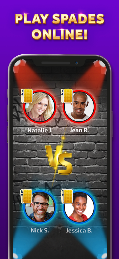 A screen showing four diverse players competing in an online Spades card game match.